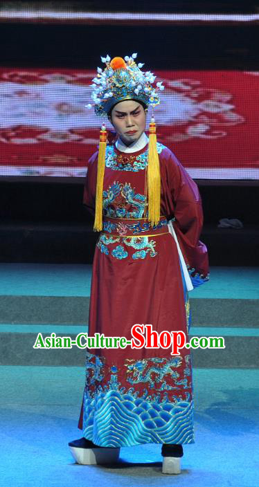 Chinese Yue Opera Laosheng Qing Jian Fan Ying Apparels and Headwear Shaoxing Opera Garment Costumes Eunuch Vestment