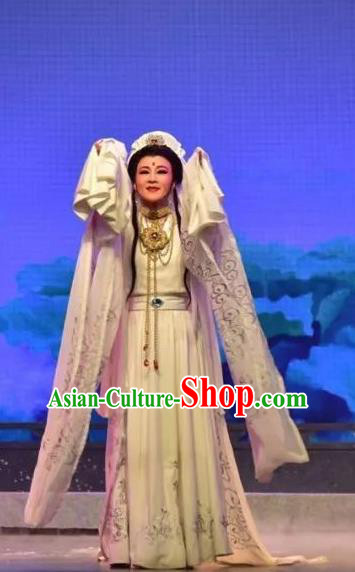 Chinese Shaoxing Opera Young Female Costumes Apparels and Headdress Yue Opera Goddess of Mercy Dress Garment