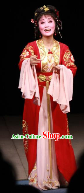 Chinese Shaoxing Opera Dan Role Fengxue Hanmei Li Sanniang Red Dress Costumes and Headpieces Yue Opera Actress Diva Garment Apparels