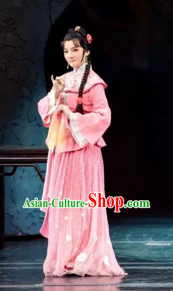 Chinese Shaoxing Opera Hua Tan Pink Dress Costumes and Headpieces Three Charming Smiles Yue Opera Maidservant Qiu Xiang Garment Apparels