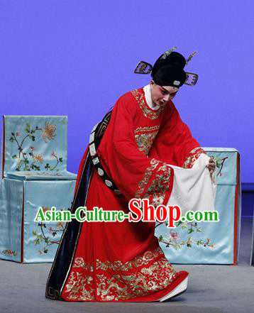 On A Wall and Horse Chinese Kun Opera Scholar Pei Shaojun Garment Costumes and Headwear Kunqu Opera Young Male Apparels Clothing Red Embroidered Robe