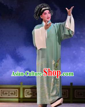 Bai Luo Shan Chinese Kun Opera Scholar Su Yun Apparels Garment Costumes and Headwear Kunqu Opera Xiaosheng Green Robe Clothing