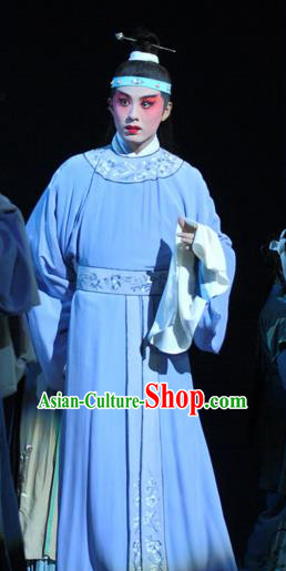 Chinese Kun Opera Scholar Jia Lian Apparels and Headwear Dream of Red Mansions Garment Costumes Kunqu Opera Xiaosheng Young Male Blue Clothing