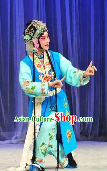 Chinese Kun Opera Xiaodan Apparels Costumes and Headpieces Leifeng Pagoda Kunqu Opera Young Lady Xiao Qing Blue Dress Garment