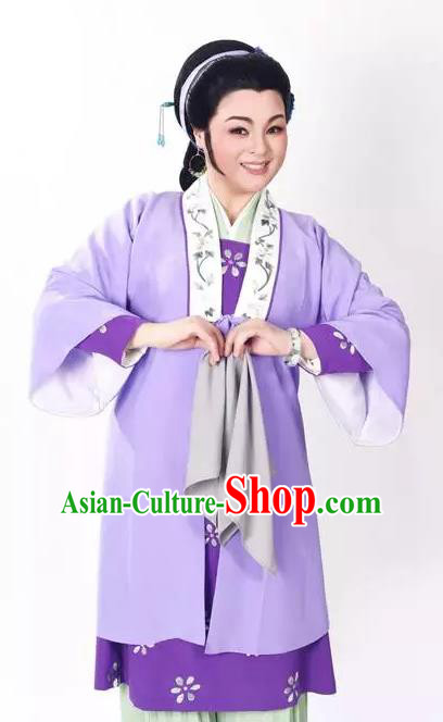 Chinese Shaoxing Opera Costumes Zhang Yu Niang Apparels Yue Opera Garment Civilian Female Purple Dress and Headpiece