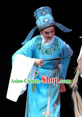 Chinese Yue Opera Rich Niche Apparels Yu Qing Ting Shaoxing Opera Young Male Costumes Scholar Shen Guisheng Blue Garment and Headwear