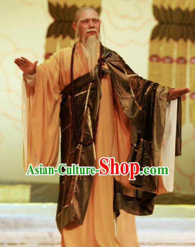 Chuan Deng Chinese Huangmei Opera Old Monk Apparels Costumes Kunqu Opera Buddhist Abbot Dao Xin Garment Clothing