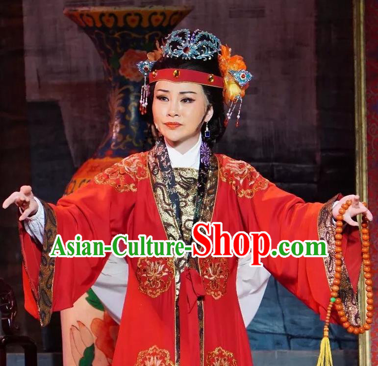 Chinese Shaoxing Opera Middle Age Female Costumes The Pearl Tower Apparels Yue Opera Garment Rich Dame Red Dress and Headdress