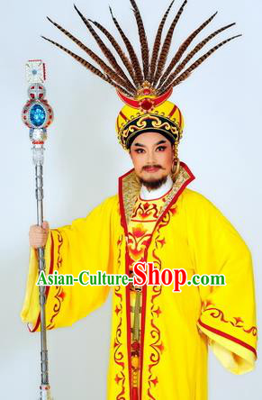 Chinese Shaoxing Opera Tribal Chief Garment Classical Yue Opera Desert Prince Apparels Young Male King Yellow Costumes and Hat
