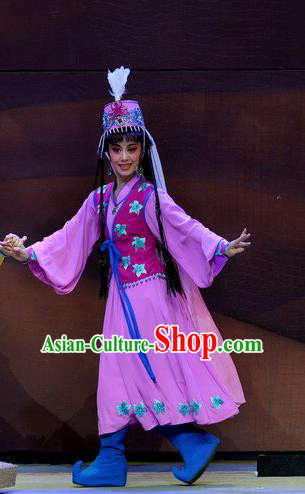 Chinese Shaoxing Opera Princess Purple Dress Desert Prince Yue Opera Garment Costumes Mongolian Lady Apparels and Headwear