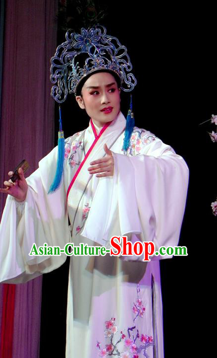 The Bridal Chamber Chinese Classical Shaoxing Opera Young Male Costumes Garment Yue Opera Apparels Xiao Sheng Embroidered White Robe and Hat