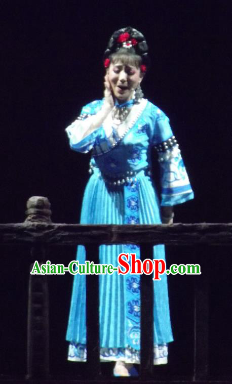Chinese Huangmei Opera Tujia Nationality Blue Garment Costumes and Headdress Traditional Anhui Opera Ethnic Lady Dress Apparels