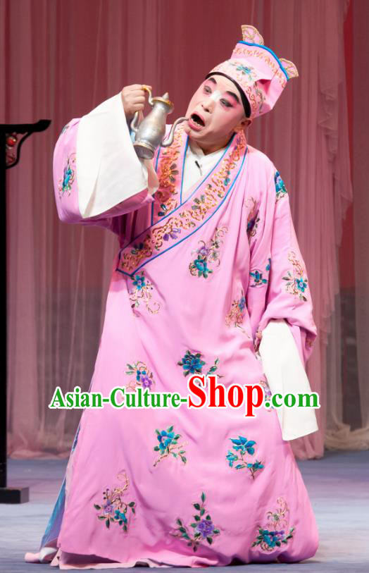 Geng Niang Chinese Ping Opera Clown Young Male Costumes and Headwear Pingju Opera Robber Wang Shiba Pink Apparels Clothing
