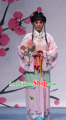 Chinese Ping Opera Actress Servant Girl Pink Costumes and Headpieces Xue Yu Bing Shuang Traditional Pingju Opera Young Lady Ai Yu Dress Garment Apparels