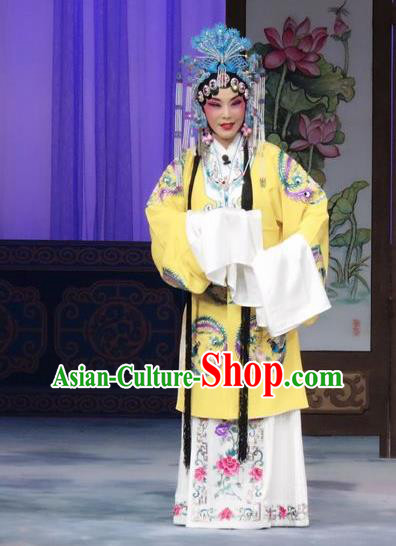 Chinese Ping Opera Noble Female Zhan Fei Costumes Apparels and Headpieces Qian Kun Belt Traditional Pingju Opera Diva Yellow Dress Garment