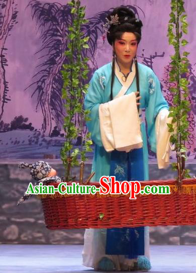 Chinese Ping Opera Country Female Apparels Costumes and Headpieces Legend of Love Traditional Pingju Opera Diva Blue Dress Garment