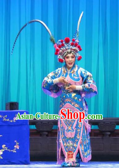 Chinese Ping Opera Blues Costumes Apparels and Headpieces Yang Bajie You Chun Traditional Pingju Opera Swordsplay Female Dress Garment