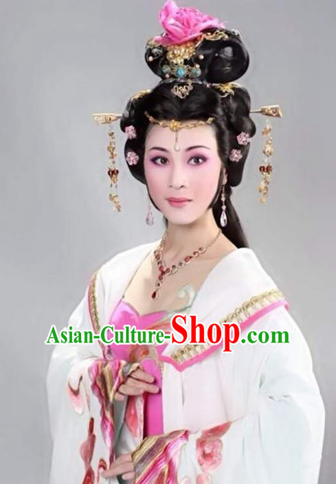 Chinese Shaoxing Opera Imperial Consort Costumes Zhen Huan Apparels Yue Opera Diva Garment Hua Tan Young Lady White Dress and Hair Jewelry
