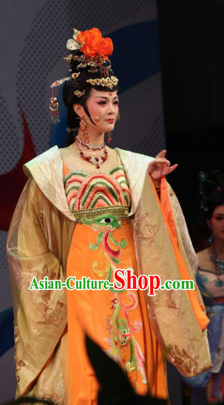 Chinese Shaoxing Opera Court Lady Imperial Consort Costumes Yue Opera Hua Tan Zhen Huan Diva Apparels Garment Golden Dress and Headdress
