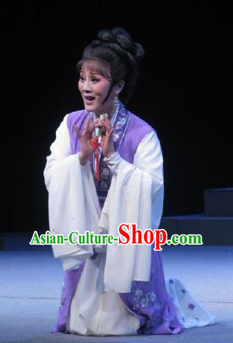 Chinese Shaoxing Opera Middle Age Female Garment Shuang Yu Chan Yue Opera Costumes Actress Cao Fang Er Purple Dress Apparels and Headdress