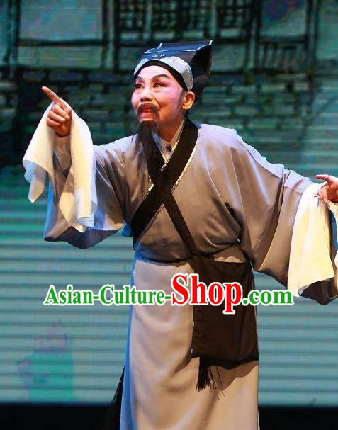 The Wrong Red Silk Chinese Yue Opera Civilian Elderly Male Apparels Shaoxing Opera Laosheng Costumes Farmer Garment and Hat