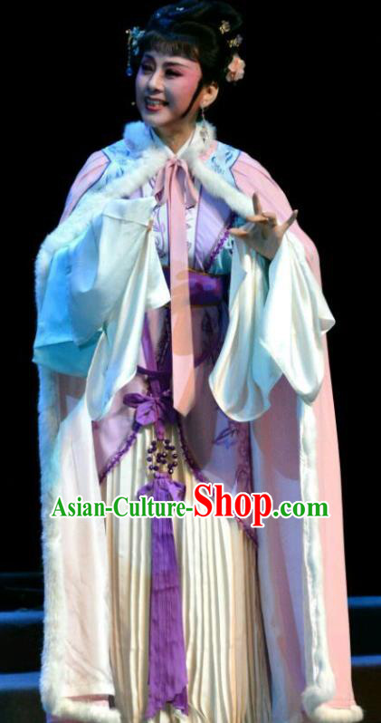 Chinese Shaoxing Opera Female Dame Dress Garment Yue Opera Hua Tan Feng Xue Yu Qiao Ji Costumes Young Mistress Yu Tianxian Apparels with Cloak and Headpieces