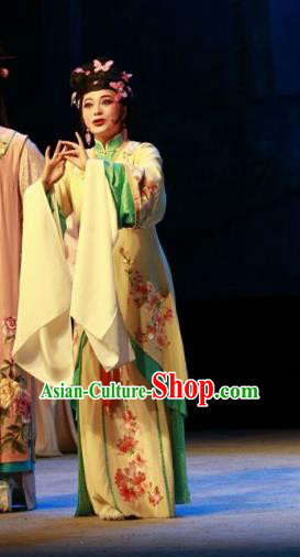 Chinese Shaoxing Opera Huadan Yellow Dress and Hair Accessories Yue Opera Shuang Jiao Jie Qin Hua Tan Costumes Garment