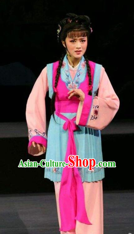 Chinese Shaoxing Opera Servant Girl Dress Apparels Yue Opera Feng Xue Yu Qiao Costumes Xiaodan Village Girl Garment and Hair Accessories