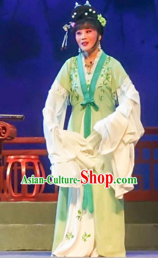 Chinese Shaoxing Opera Noble Female Garment Yue Opera Lu You And Tang Wan Costumes Apparels Young Mistress Green Dress and Hair Ornaments