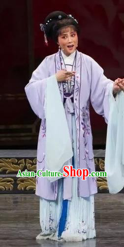 Chinese Shaoxing Opera Civilian Female Purple Dress Apparels Yue Opera Wu Nv Bai Shou Hua Dan Costumes Yang Sanchun Garment and Hair Accessories