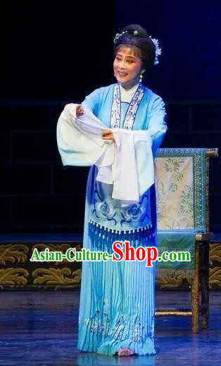 Chinese Shaoxing Opera Country Female Blue Dress Apparels Yue Opera Wu Nv Bai Shou Hua Dan Costumes Actress Yang Sanchun Garment and Headpiece