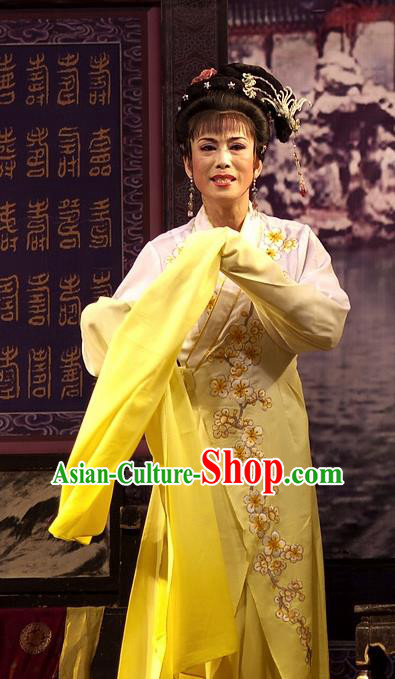 Chinese Shaoxing Opera Hua Tan Embroidered Yellow Dress Yue Opera Wu Nv Bai Shou Costumes Garment Young Female Apparels and Headpieces