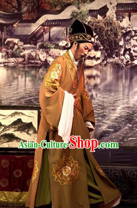 Chinese Yue Opera Laosheng Wu Nv Bai Shou Costumes and Hat Shaoxing Opera Apparels Elderly Male Embroidered Robe Landlord Yang Jikang Garment