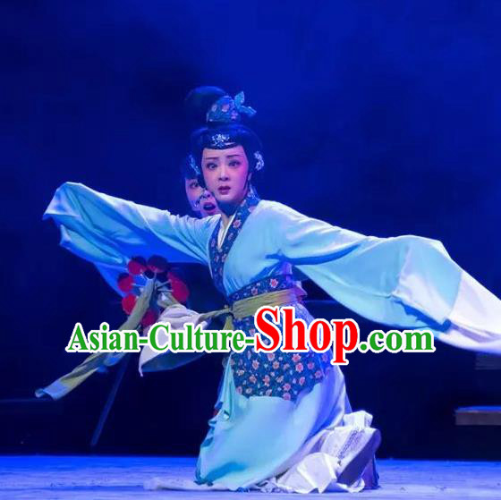 Chinese Shaoxing Opera Hua Tan Blue Costumes and Headpiece Changle Palace Yue Opera Garment Young Lady Actress Cao Huiniang Dress Apparels