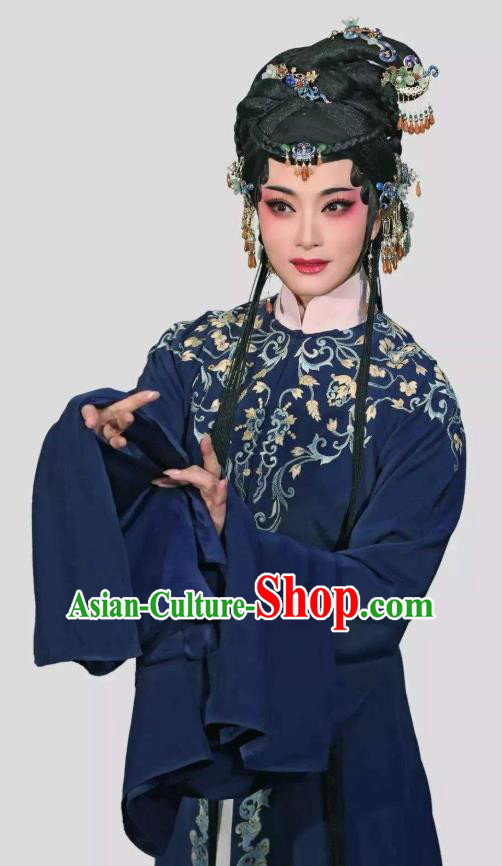 Chinese Shaoxing Opera Tsing Yi Navy Dress Young Female Costumes and Hair Accessories Xiang Luo Ji Yue Opera Actress Distress Maiden Garment Apparels