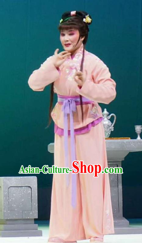 Chinese Shaoxing Opera Maidservant Costumes and Headpiece Xiang Luo Ji Yue Opera Xiaodan Garment Apparels Slave Girl Pink Clothing