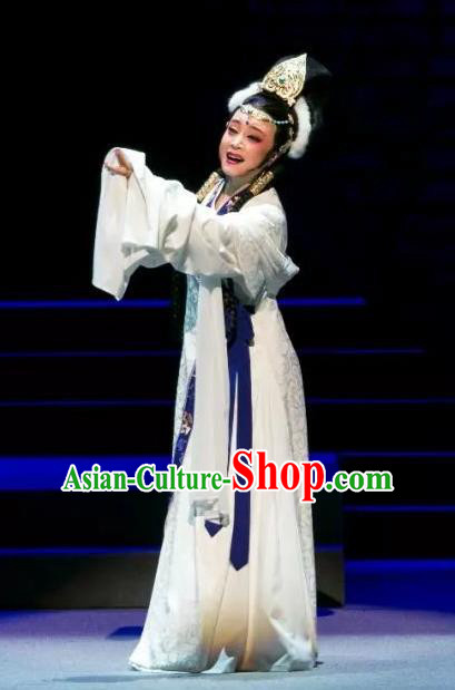 Chinese Shaoxing Opera Queen White Dress Costumes and Headdress The Desolate Palace of Liao Yue Opera Hua Tan Xiao Guanyin Garment Apparels