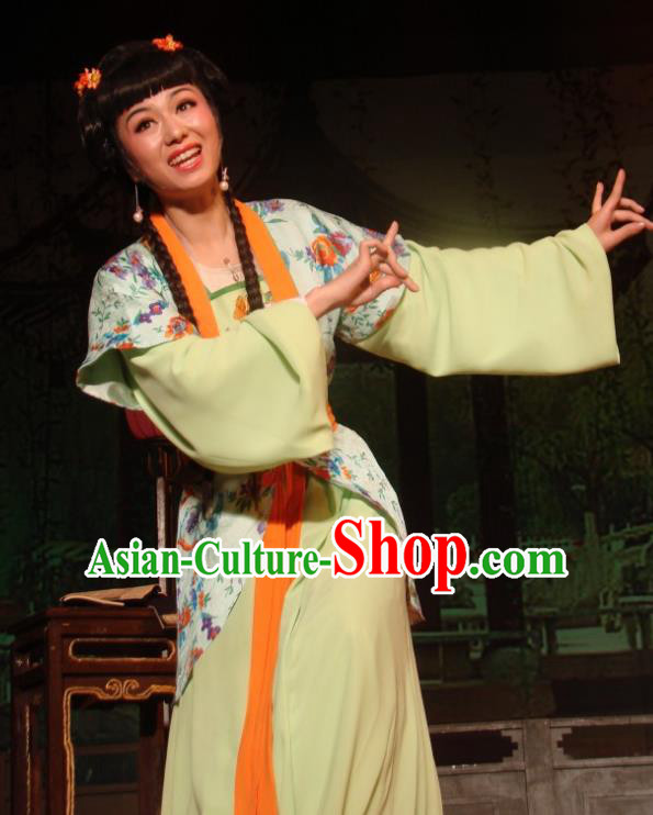 Chinese Shaoxing Opera Young Lady Costumes and Hair Accessories Lions Roar Yue Opera Xiaodan Dress Apparels Servant Girl Garment