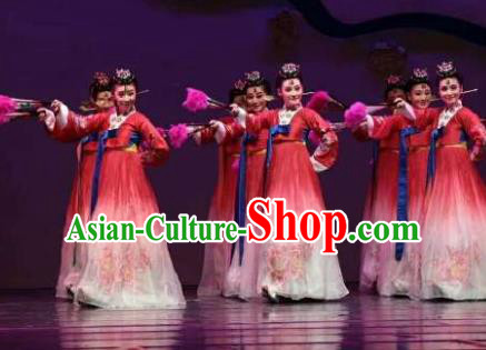 Chinese Shaoxing Opera Geisha Red Korean Hanbok Apparels and Headdress Chunh Yang Yue Opera Young Female Dress Costumes Garment