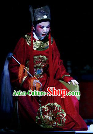 Liu Yong Chinese Yue Opera Figurant Chou Role Garment and Hat Shaoxing Opera Eunuch Costumes Red Robe Apparels