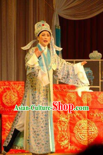 Chinese Yue Opera Niche Costumes and Hat Xun An Zhan Fu Shaoxing Opera Xiaosheng Scholar Young Male Xu Qing Garment Apparels