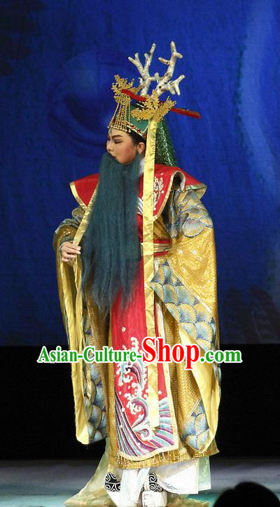 Chinese Yue Opera Dragon King Dongting Apparels Costumes and Headwear The Princess Messenger Farewell at Lakeside Shaoxing Opera Elderly Male Garment