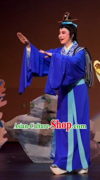 Chinese Yue Opera Young Man Scholar Liu Yi Apparels Costumes and Headwear The Princess Messenger Farewell at Lakeside Shaoxing Opera Xiaosheng Blue Robe Garment