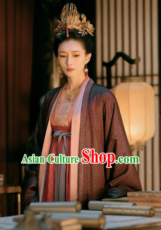 Chinese Ancient Royal Queen Hanfu Dress and Headpieces Drama Serenade of Peaceful Joy Song Dynasty Empress Cao Danshu Garment Historical Costumes