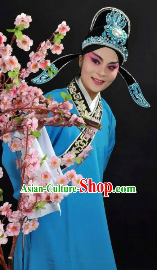 Li Mei Yue Chinese Yue Opera Young Man Blue Robe Clothing and Hat Shaoxing Opera Xiaosheng Garment Scholar Apparels Costumes