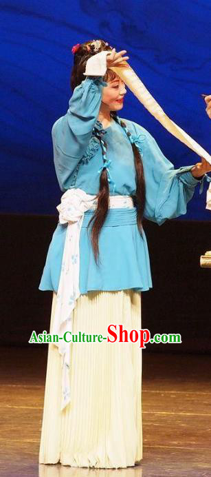 Chinese Shaoxing Opera Country Lady Dress Apparels Costumes and Headpieces He Wenxiu Yue Opera Servant Girl Young Lady Garment
