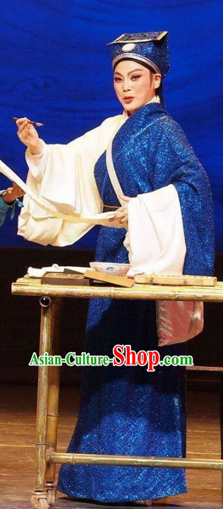 He Wenxiu Chinese Yue Opera Young Male Garment Apparels and Hat Shaoxing Opera Xiaosheng Scholar Costumes