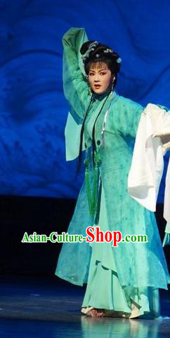 Chinese Shaoxing Opera Young Female Wang Lanying Green Dress Costumes and Headpieces He Wenxiu Yue Opera Hua Tan Garment Apparels