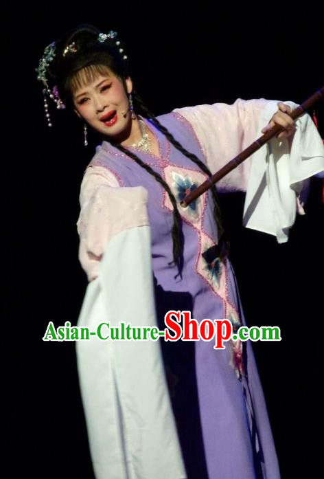 Chinese Shaoxing Opera Young Female Purple Dress and Headpieces The Number One Scholar Is Not Love Tang Meifen Garment Yue Opera Hua Tan Apparels Costumes