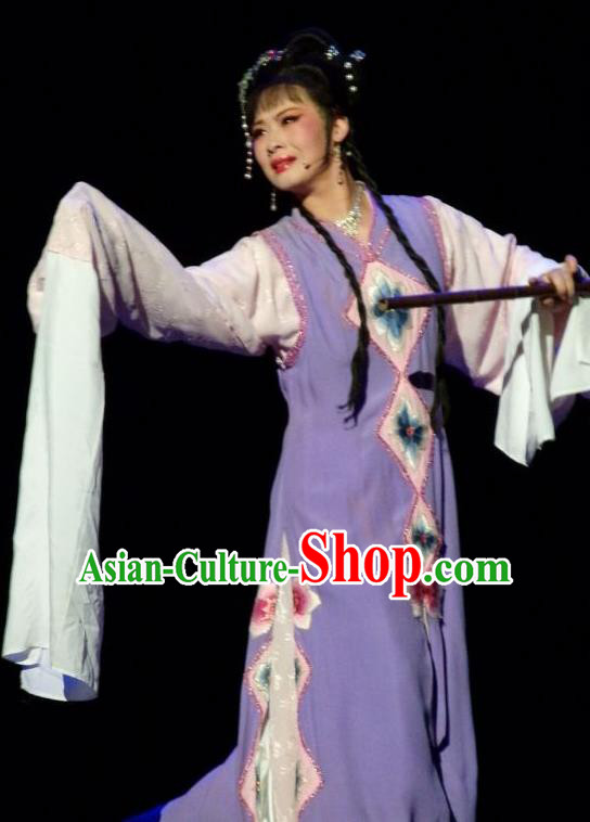Chinese Shaoxing Opera Young Female Purple Dress and Headpieces The Number One Scholar Is Not Love Tang Meifen Garment Yue Opera Hua Tan Apparels Costumes